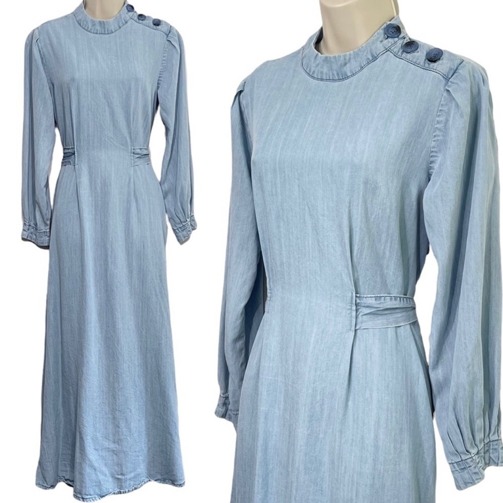 LCW Modest Waikiki Elosa Denim Long Sleeve Prairie Denim Jean Bib Maxi Dress 38